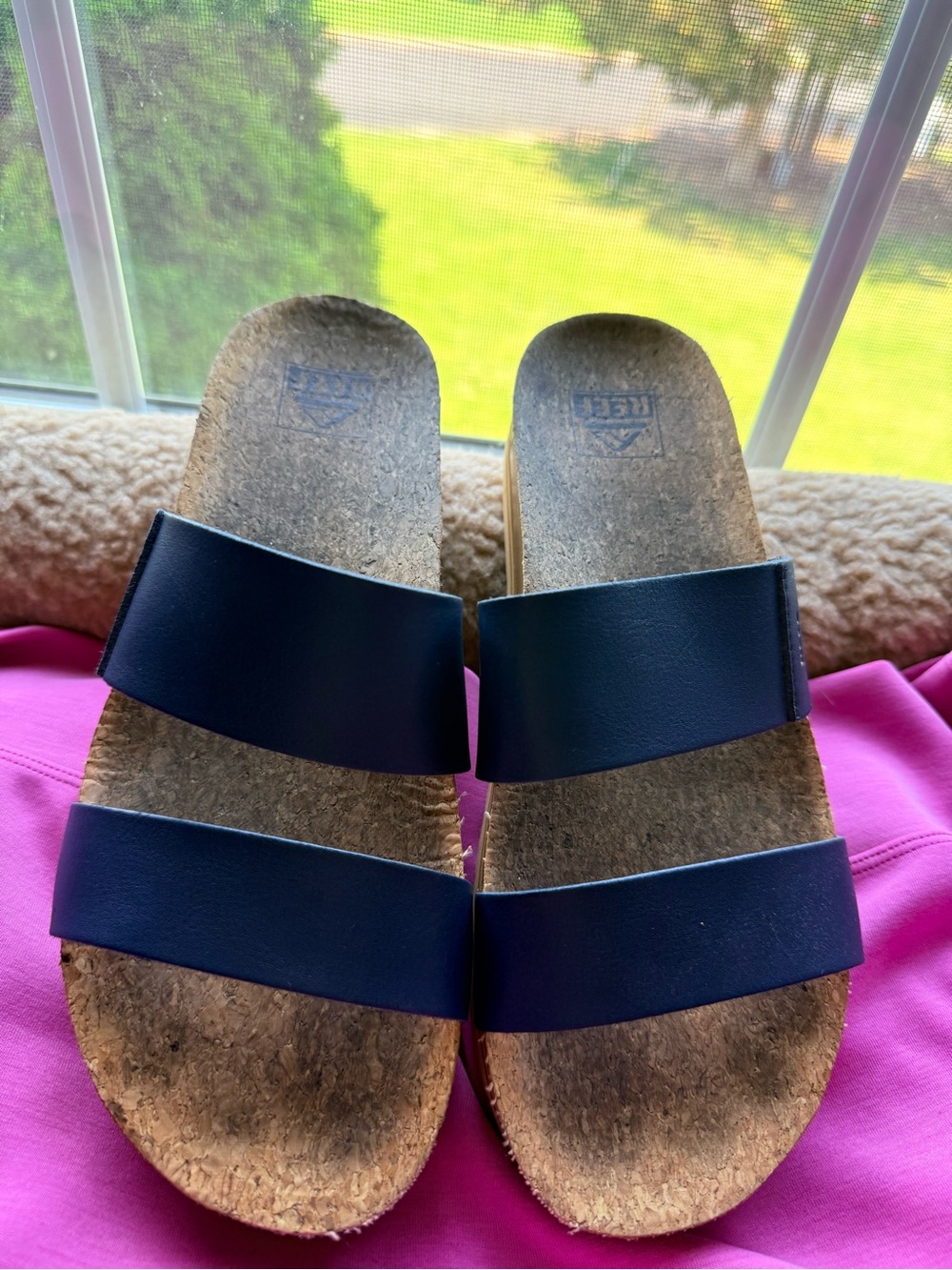 Reef Women's Navy Double-Strap Cork Slide Sandals